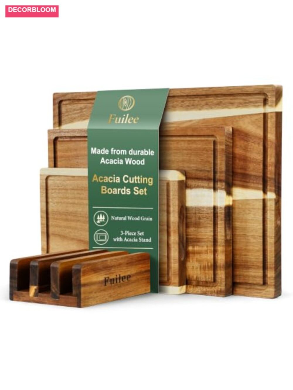 Acacia Wood Cutting Boards Set of 3 with Storage Stand Reversible Chopping